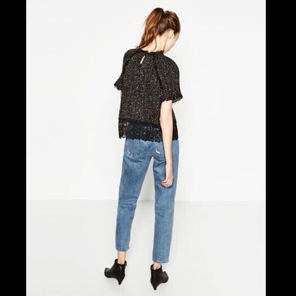Zara speckled tweed raw edge lace detail top size Large - Picture 3 of 14